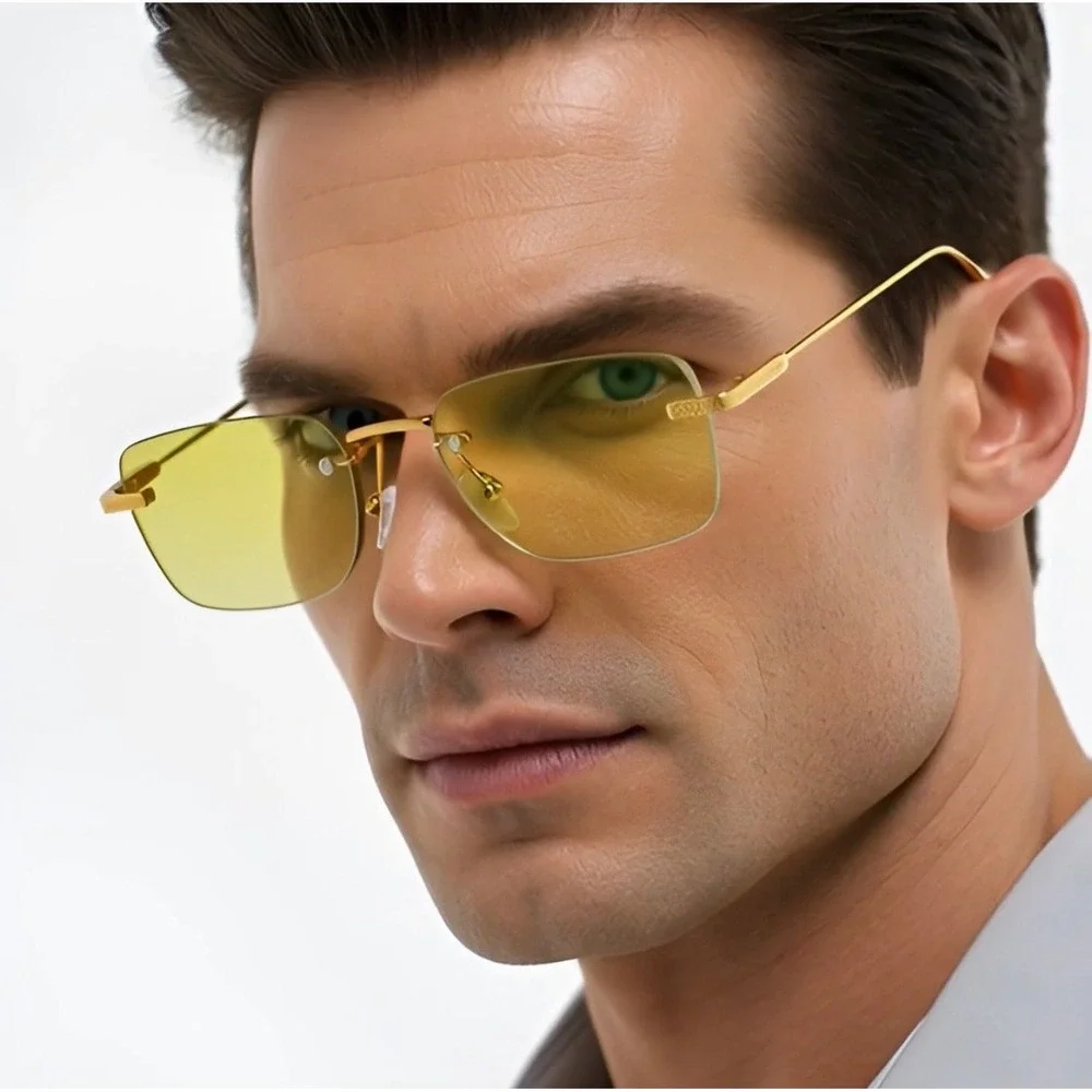 Mens Gold Rimless Rectangular Sunglasses Yellow Tinted Lens Retro Streetwear New
